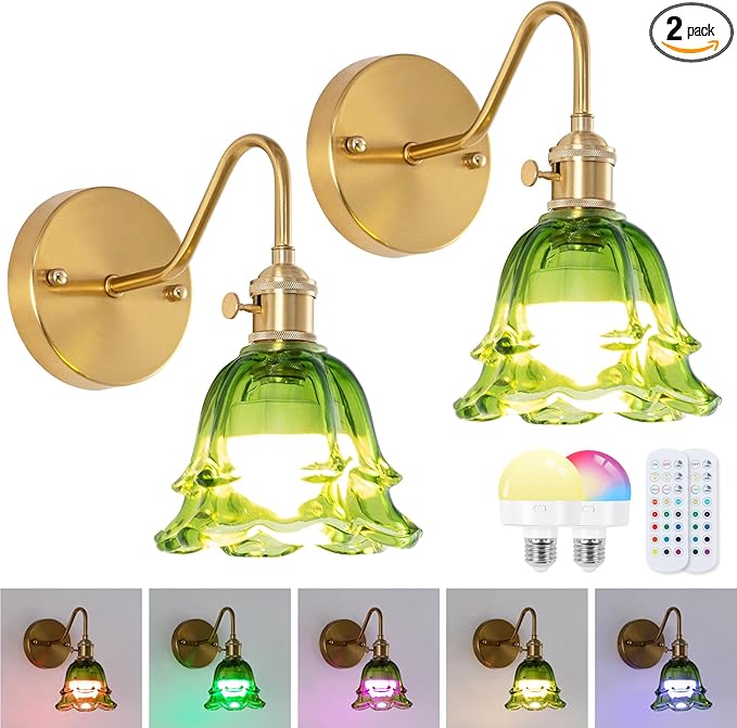 Battery Operated Wall Sconces, Set of Two RGB Color Dimmable Wall Sconce with Remote, Green Glass Lampshade Wall Decor Set of 2 for Living Room, Bedroom, Bedside, Bathroom