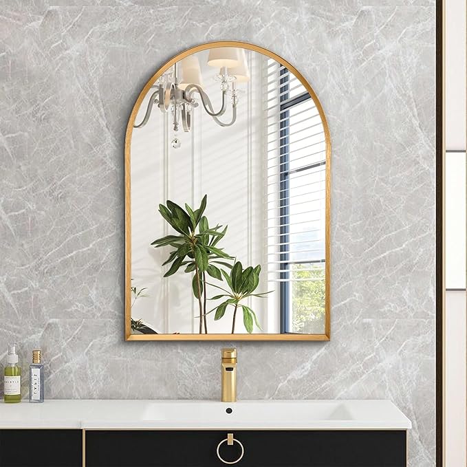 Arched Mirrors for Wall, White Bathroom Mirror Brushed Metal Vanity Wall Mounted Mirror for LivingRoom Bedroom Entryway Room Vanity Home Decor 26