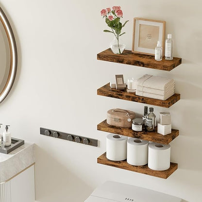 Fixwal 15.8in Wall Shelves, Rustic Wood Finish Floating Shelves Set of 4, Shelves for Wall Decor, with Invisible Brackets for Bathroom, Living Room,Bedroom and Kitchen(Rustic Brown) | Wall Shelves, for Bathroom, Living Room, Bedroom, Kitchen