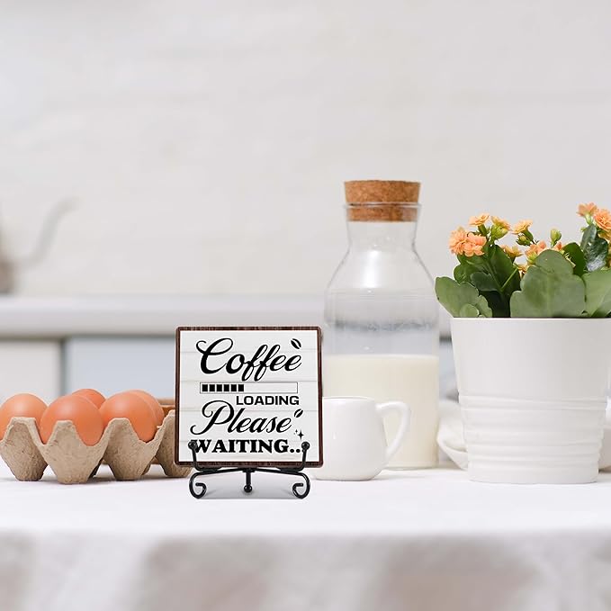 Coffee Bar Decor, Farmhouse Kitchen Table Decor, Coffee Station Accessories, Wooden Decorative Sign with Iron Stand for Table Desk Shelf Display-E32