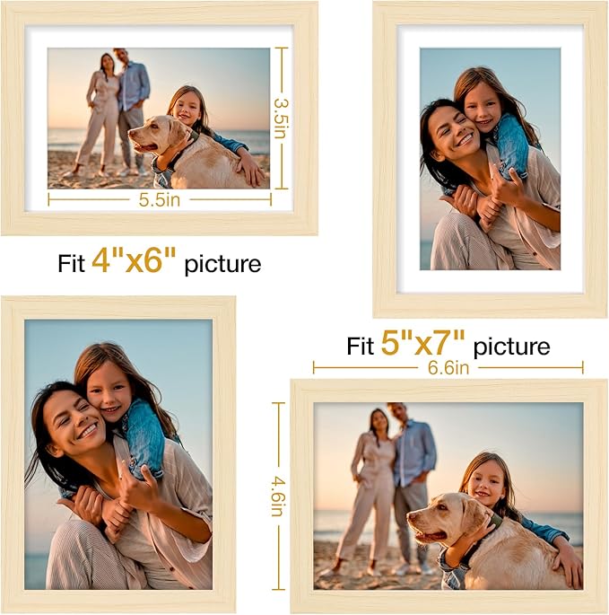 Vittanly 5x7 Picture Frame Set of 4, Display Pictures 4x6 with Mat or 5x7 without Mat, Photo Frames for Wall or Tabletop Display, Engineered Wood with Shatter Resistant Plexiglass, Natural Wood