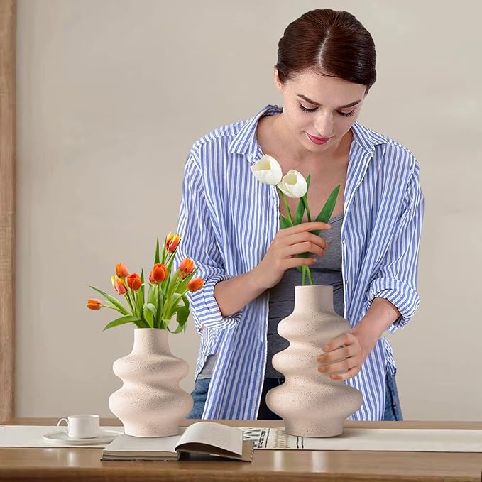 Ceramic Vases Set of 2-White Vase for Modern Home Decor, Flower Vases for Aesthetic Room Decor,Boho Decor Wedding Dinner Table Party Office Centerpiece Table Decorations (A White)
