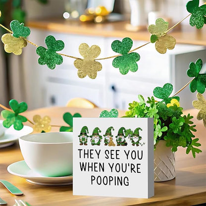 St Patricks Day Decor Funny Bathroom Shamrock Decor Green Gnome Would Poop Here Again Wood Sign Funny Home Tabletop Shelf Desk Decor 5 X 5 Inches