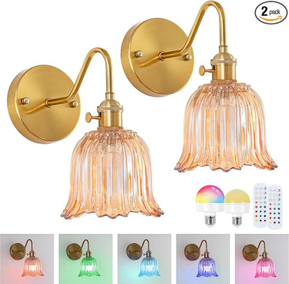 Battery Operated Wall Sconce Set of 2, Rechargeable Battery Powered Amber Wall Lights with 15 Colors, Vintage Glass Wall Lamp with Remote Control for Beside, Bedroom, Living Room