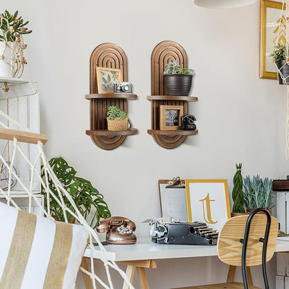 Wenqik 2 Pcs Boho Wall Shelf Rainbow Arch Wooden Floating Shelf Mid Century Bohemian Hanging Holder Double Vintage Wall Mount Altar Decor for Nursery Bedroom 15.75 x 6.69 Inches(Brown)