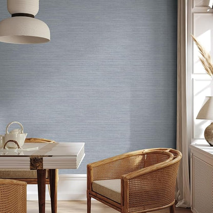 Tempaper Textured Powder Blue Horizontal Faux Grasscloth Removable Peel and Stick Wallpaper, 20.5 in X 16.5 ft, Made in The USA