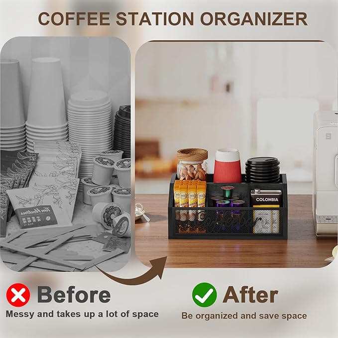 YINMIT Coffee Station Organizer for Countertop, Wood Coffee Bar Organizer with Removable Dividers for Pods, Syrup, Cups, Stirrer, Tea - Office Bar Accessories, Iron Mesh-Black