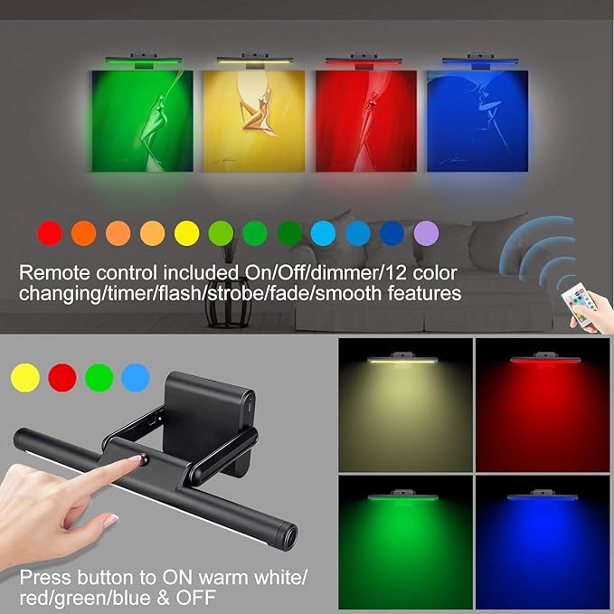 LUXSWAY Rechargeable Picture Light,Wireless Painting Lights,12 Colors Changing Artwork Lights with Rotate Head,10000mAh Display Art Lighting for Dart Board Poster Gallery