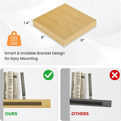Square Floating Shelves for Wall, 7.5" W x 7.5" D x 1.4" H, Small Wooden Wall Mounted Display Shelf with Invisible Brackets for Living Room, Bathroom, Kitchen Decor, Set of 4, Oak