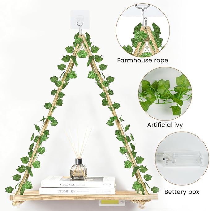 RICHER HOUSE Artificial Ivy LED-Strip Wall Hanging Shelves, Macrame Shelf for Bedroom Bathroom Living Room Kitchen, Wood Hanging Plant Shelves for Wall Décor
