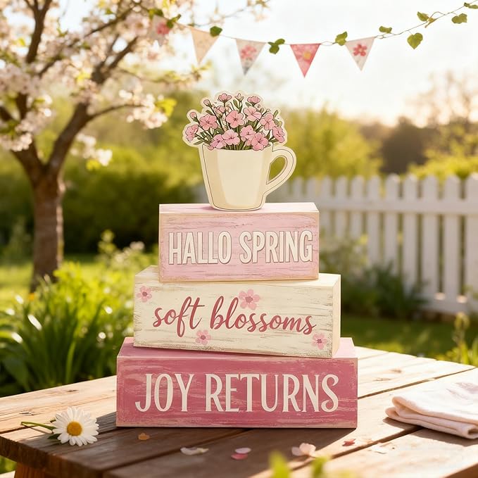 Spring Decoration Wooden Tiered Tray Decor – Rustic Hallo Spring Stacked Block Sign with Flower Cup Topper – Farmhouse Tabletop Spring Decor for Living Room Shelf Kitchen Coffee Bar Seasonal Home Display