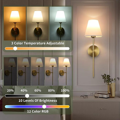 Battery Operated Wall Sconce Set of 2, 15 Colors Wireless Wall Light With Dimmable Remote Control Last 18-50 Hours, Gold Rechargeable Wall Lamp With White Fabric Shade For Living Room Bedroom Hallway
