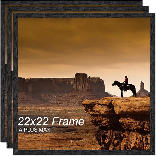 A PLUS MAX Square 22x22 Frame Set of 3, Black Engineered Wood Picture Frame for 22 x 22 Picture Poster Photo, Light Weight 22by22 Frame with Wood-grain for Wall - 3 Pack/Black/22 x22