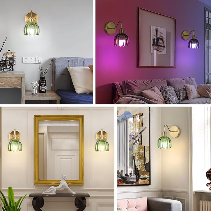 Battery Operated Wall Sconce Vintage,Battery Wall Sconces Set of Two with RGB Dimmable Remote Control,Rechargeable Wireless Wall Lights with Remote for Bedroom Living Room (Green)
