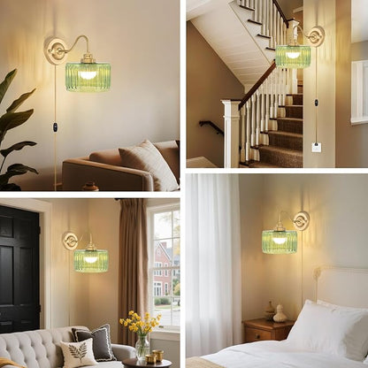 Vintage Plug in Wall Sconces Dimmable Wall Sconces of Two,Wall Lamps with Plug in Cord & Flower Glass Lampshade,Gold Sconces Wall Decor Set of 2 Plug in Wall Lights Sconces for Bedroom