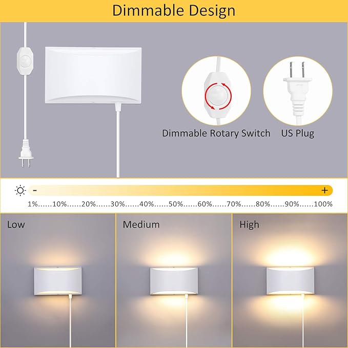 Lightess Plug in Wall Sconces 12W Modern LED Wall Light Dimmable Indoor Up Down Wall Lamp for Bedroom Living Room Hallway Staircase, Warm White