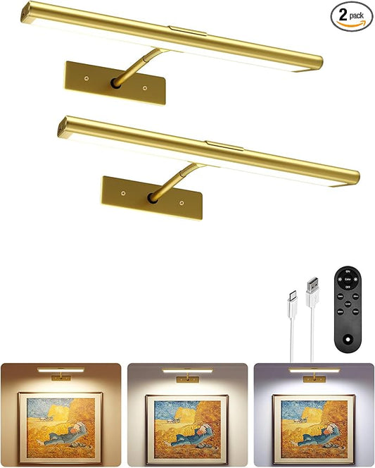 EZVALO Picture Light for Wall, 4800mAh 13'' Rechargeable Wireless Lights with IR Remote, Dimmable Magnetic LED Art Display Light with 3 Color Temp, for Gallery, Living Room, Bedroom(Gold-2Pack)