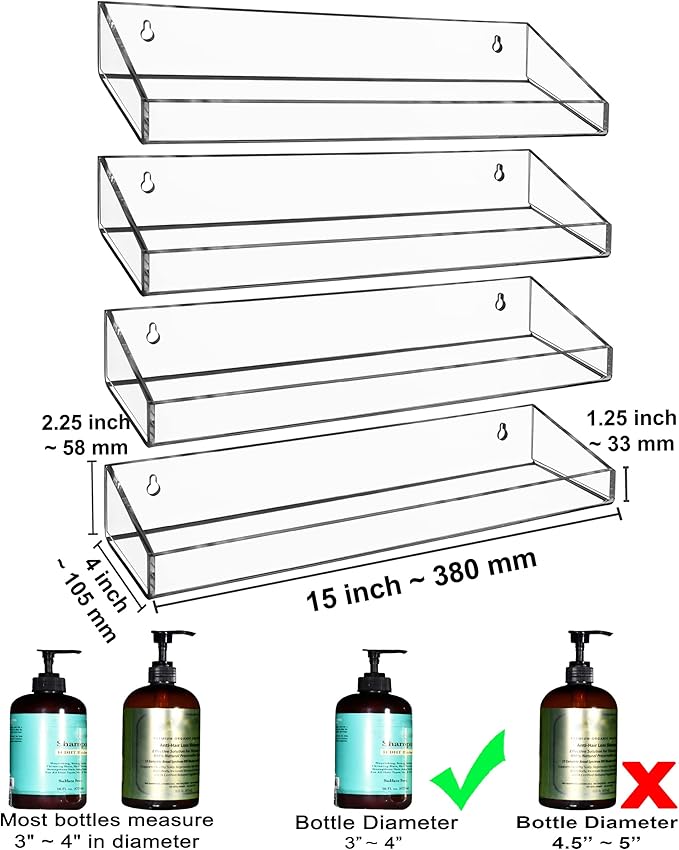 AMT 4 Pack Acrylic Floating Shelves, 15