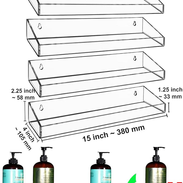 AMT 4 Pack Acrylic Floating Shelves, 15" L x 4" W, Clear Bathroom Wall Shelf, Bookshelves, Invisible Display for Office, Bedroom, Small Gap Allows Water to Escape, Free Screws & Drill Bit