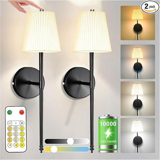 10,000mAh Rechargeable Battery Operated Wall Lights with Fabric Shade, Wireless Sconces with Remote and Touch Control, Dimmable 3 Color Temperature for Bedroom Living Room Hallway, Black 1PCS
