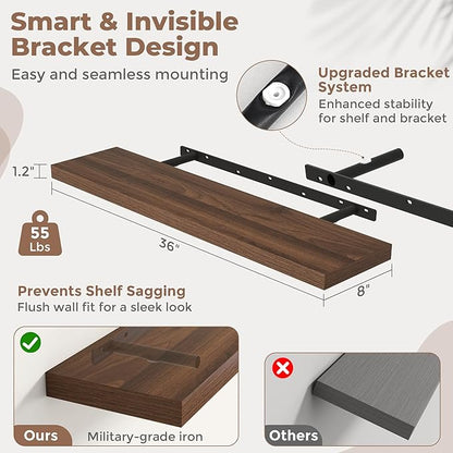 36 Inch Floating Shelves for Wall Set of 2, 8"D Wood Grain Bathroom Shelves with Invisible Brackets, Easy Install Engineered Wood Storage Shelves for Kitchen, Living Room, Bedroom, Walnut Finish