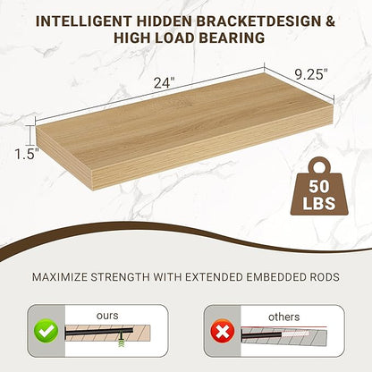 24 Inch Floating Shelves, 3D Textured Wood Grain, 24"x9.25"x1.5" Inch Deep Floating Shelves for Wall, Wooden Shelves for Bathroom, Bedroom, Living Room, Natural, 2 Pieces