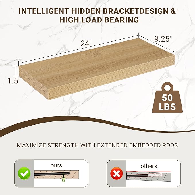 24 Inch Floating Shelves, 3D Textured Wood Grain, 24
