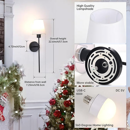 Battery Operated Wall Sconce, 120H Usage Time 22.6" Rechargeable Wall Light with Dimmable Bulb, 12 Colors Wall Sconce for Bedroom Living Room, Black