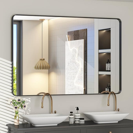 48x32 Inch Black Framed Bathroom Mirror for Wall, Matte Metal Framed Wall Mirror, Rounded Corner Rectangle Bathroom Vanity Mirror, Anti-Rust, Shatterproof (Horizontal/Vertical)