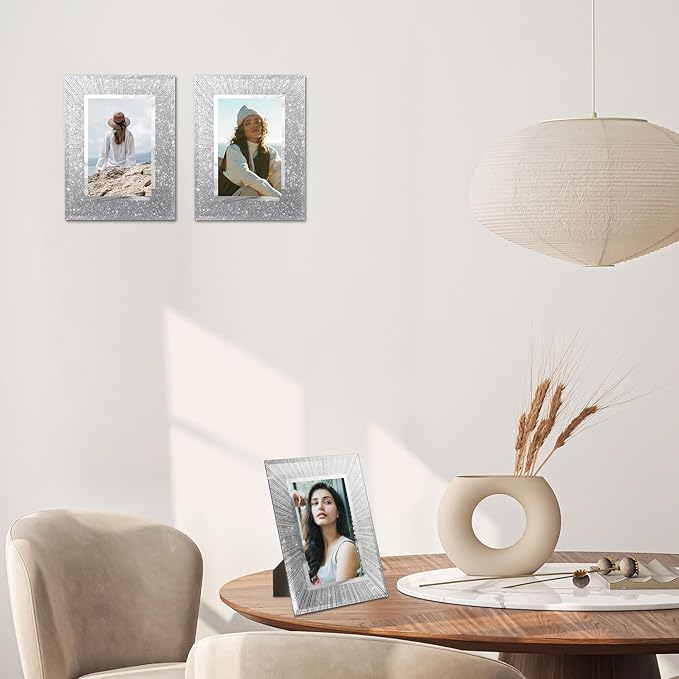 4x6 Picture Frame Set of 2 - Crystal Glass Picture Frame, 4 by 6 Glitter Silver Wedding Photo Frames for Tabletop and Wall Display Vertically of Horizontally