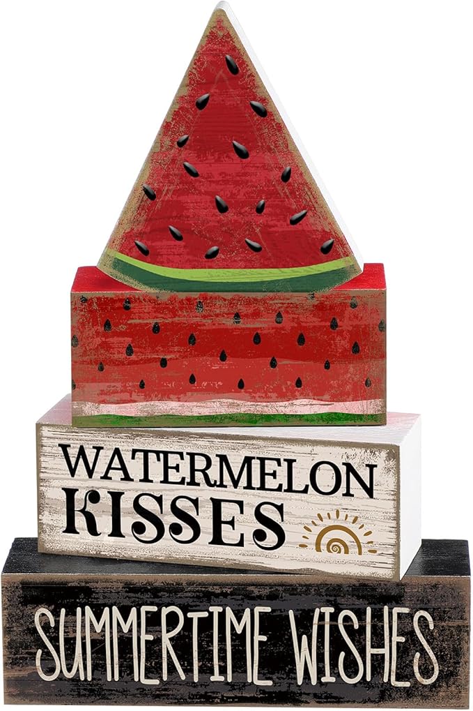 4 Pcs Summer Table Decor Wooden Watermelon Tiered Tray Decor Rustic Farmhouse Watermelon Block Signs Gifts Summer Tabletop Centerpieces for Home Kitchen Coffee Bar Decorations