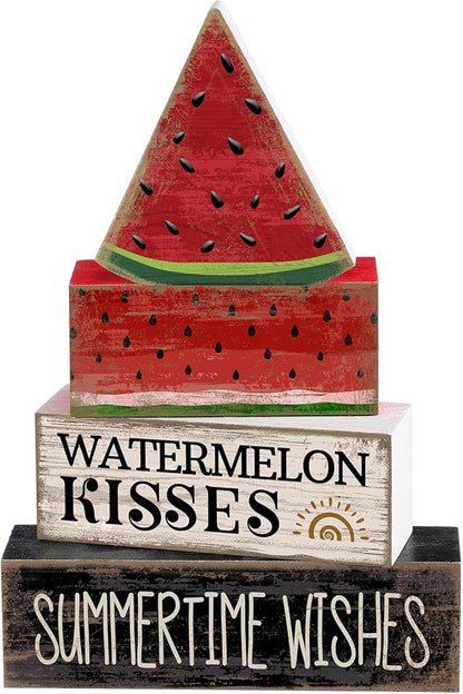 4 Pcs Summer Table Decor Wooden Watermelon Tiered Tray Decor Rustic Farmhouse Watermelon Block Signs Gifts Summer Tabletop Centerpieces for Home Kitchen Coffee Bar Decorations