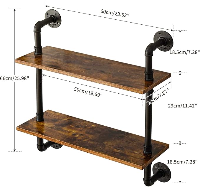 YMYNY Industrial Pipe Shelf Bracket, 2 Tiers Retro Wall Mounted Floating Shelf, Wood DIY Bookshelf, Storage Shelves for Living Room, Bedroom, 24