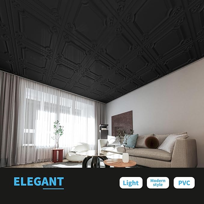 Art3d Drop Ceiling Tiles 24x24 in Black (12-Pack, 48 Sq.ft), Wainscoting Panels Glue Up 2x2