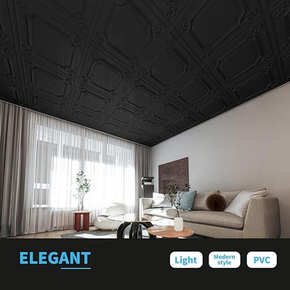 Art3d Drop Ceiling Tiles 24x24 in Black (12-Pack, 48 Sq.ft), Wainscoting Panels Glue Up 2x2
