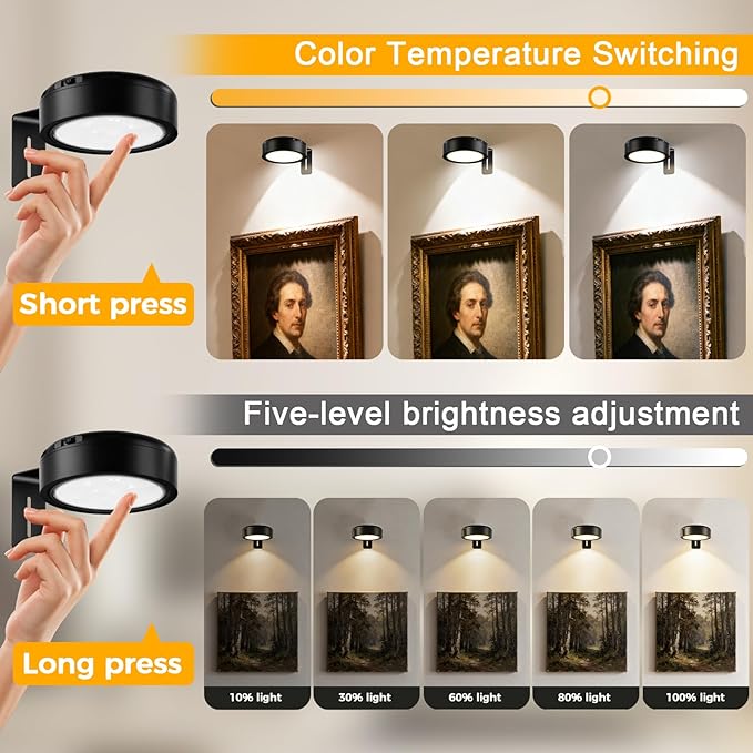 Picture Lights for Wall, 2000mAh Rechargeable Battery Powered Magnetic Lights with 3 Lighting Color Dimmable Timer Art,Poster,Gallery,Painting Display,Photos,Frame,Wall Light,Black (3 Pack)