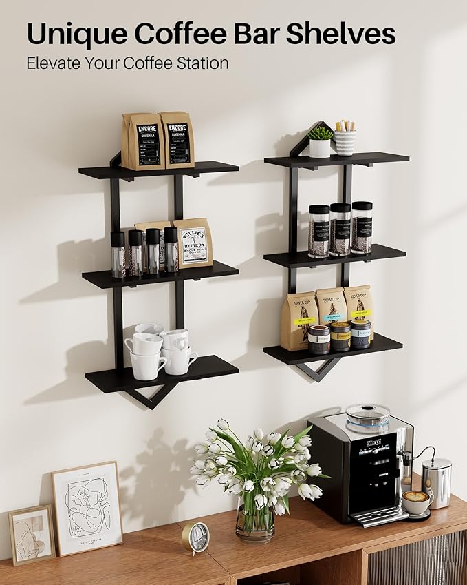 3 Tier Floating Shelves, Set of 2 Wall Shelves for Living Room, Modern Geometric Wooden Shelf for Wall Decor, Hanging Storage Shelf for Bedroom Bathroom Kitchen Home Office (Black)