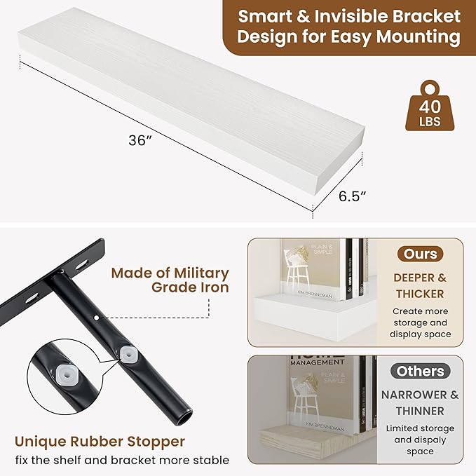 fuqing Floating Shelves for Wall, Wall Mounted Wood Floating Shelf with Invisible Brackets for Living Room, Bathroom, Bedroom, Kitchen Storage and Decor, 36 Inch Set of 2, White