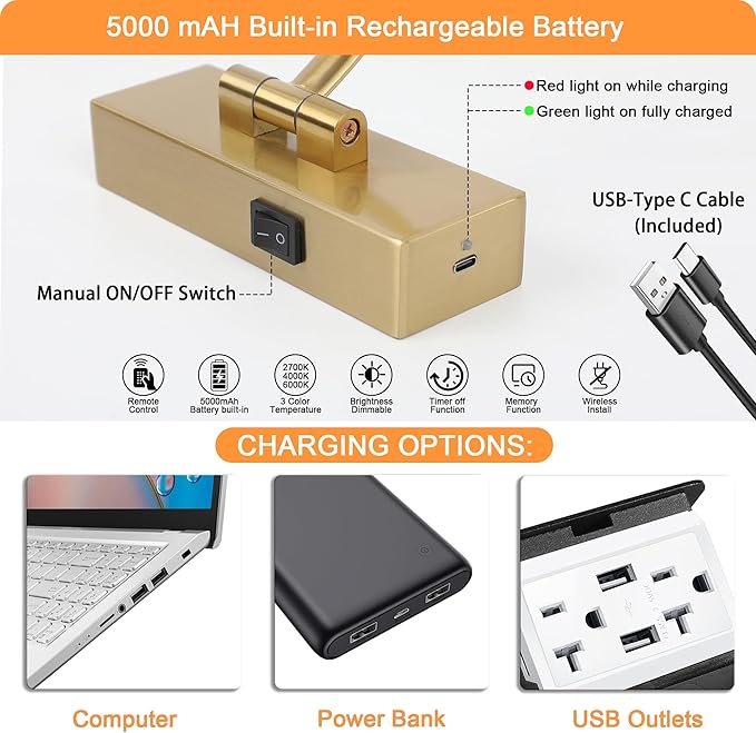 Wireless Picture Lights for Wall Rechargeable, Battery Operated Art Light for Paintings, 3CCT Dimmable, 15.7