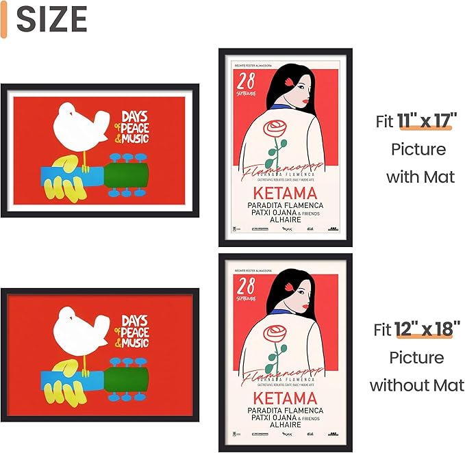 upsimples 12x18 Picture Frame Set of 5, Display Pictures 11x17 with Mat or 12 x 18 Without, Wall Gallery Poster Frames, Black