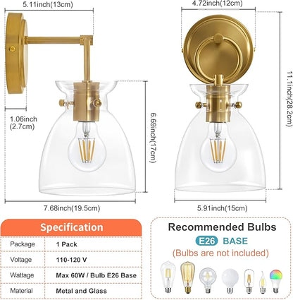Gold Wall Sconce 1-Light Hardwired Wall Mount Modern Farmhouse Vanity Light Fixtures with 6 Inch Clear Glass Shade, Wall Lights for Bathroom, Bedroom, Living Room, Mirror, Kitchen, 1 Pack
