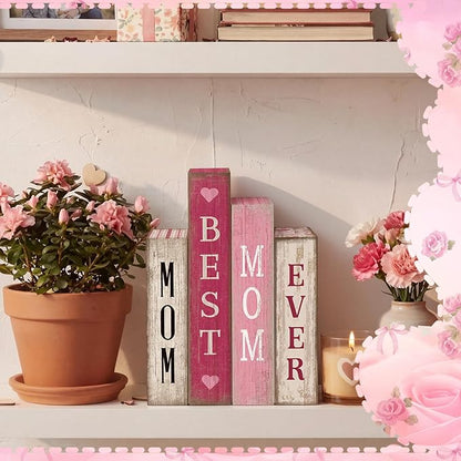 4 Pcs Mothers Day Table Decoration Wooden Book Pink White Tiered Tray Decor Happy Mother's Centerpieces Mom Gifts from Daughter Son for Home Shelf Indoor Party Decoration
