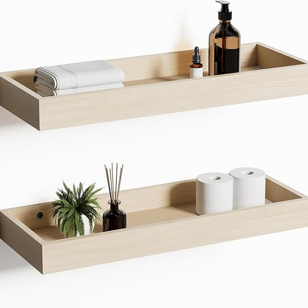 Oak Floating Shelves with Raised Lip, Wooden Wall Shelves for Bedroom Living Room Kitchen, Modern Bathroom Shelves for Wall, Decor Floating Shelves for Storage Display (Set of 2, 15.7 Inch)