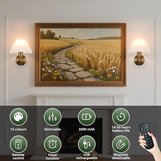 Rechargeable Battery Operated Wall Sconces Set of 2 Brushed Brass Wall Lights with Remote Dimmable Pleated Shades Wall Lamp 15 Colors Wireless Bathroom Vanity Light for Bedroom Living Room Hallway