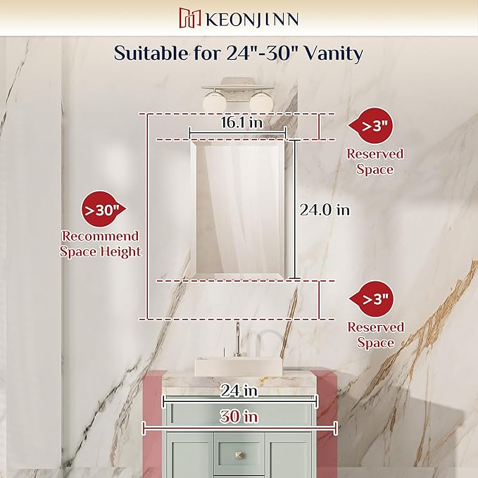 Keonjinn 16 x 24 Inch Frameless Bathroom Mirror, Beveled Mirrors for Bathroom Sink, Shatterproof Wall Mirror, Modern Decorative for Living Room, Entryway, Bedroom, Horizontal/Vertical