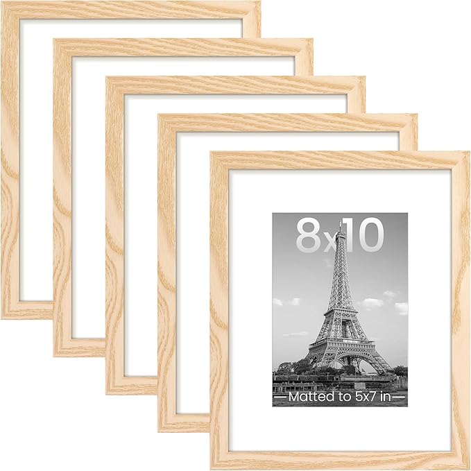 upsimples 8x10 Picture Frame Set of 5, Display Pictures 5x7 with Mat or 8 x 10 Without, Wall Gallery Photo Frames, Natural