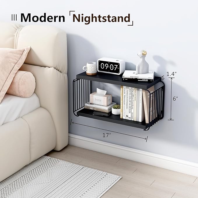 Floating Nightstand Shelves, Modern Night Stand for Bedroom, Wood Floating Shelf for Wall, Nightstand Bedside Table, Mid Century Wall Shelves for Living Room, Bedroom (2, Black)