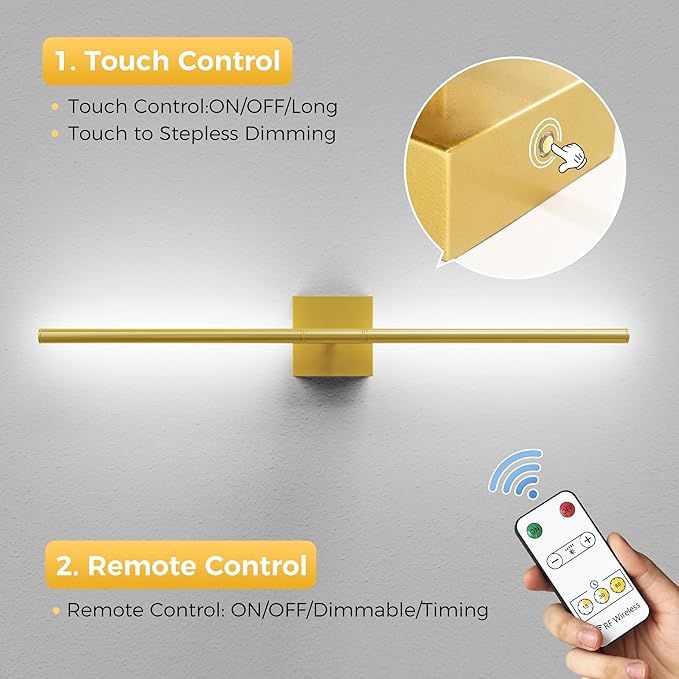 L LOHAS LED Battery Operated Wall Sconces Set of 2, Battery Wall Sconce 10000mAh, Gold Rechargeable Sconces 6000K, 28.3 Inch Wireless Wall Lights, Sconce Wall Decor for Bedroom, Living Room