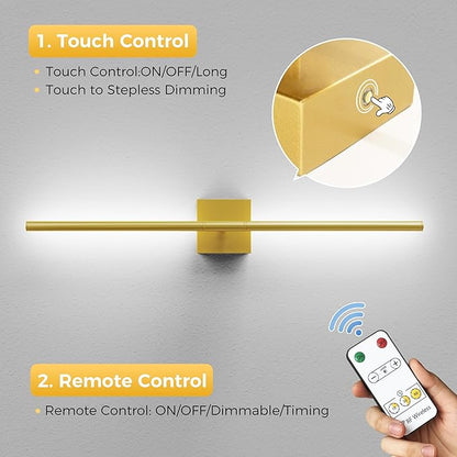 L LOHAS LED Battery Operated Wall Sconces Set of 2, Battery Wall Sconce 10000mAh, Gold Rechargeable Sconces 6000K, 28.3 Inch Wireless Wall Lights, Sconce Wall Decor for Bedroom, Living Room