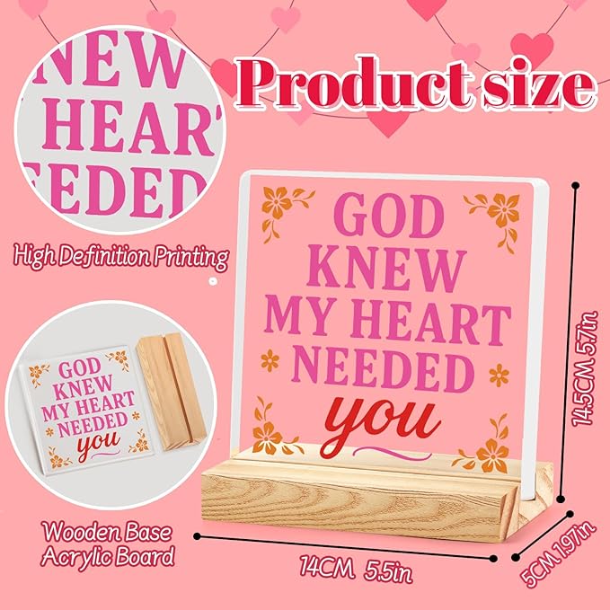 Valentines Desk Decor, Happy Valentine's Day Home Office Table Sign for Porch Tiered Tray Shelf Party, Rustic Romantic Acrylic Gifts Decorations for Him Her Wife, God Knew My Heart Needed You